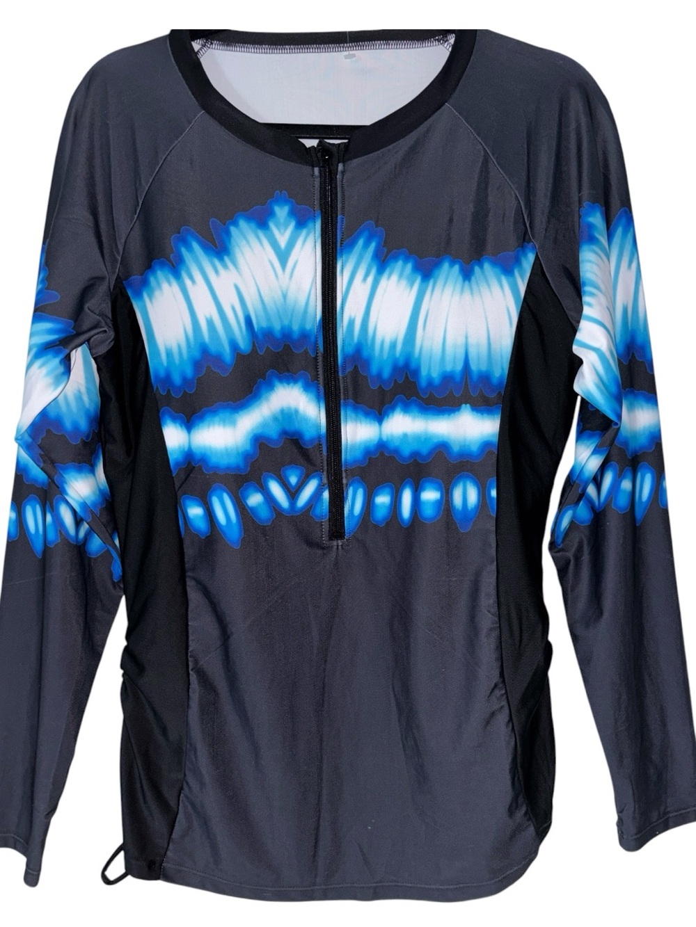 Women's Black Rash Guard with Blue Tie-Dye Accents, PTP:19.5-21”, L:27”, NWOT - Picture 1 of 10